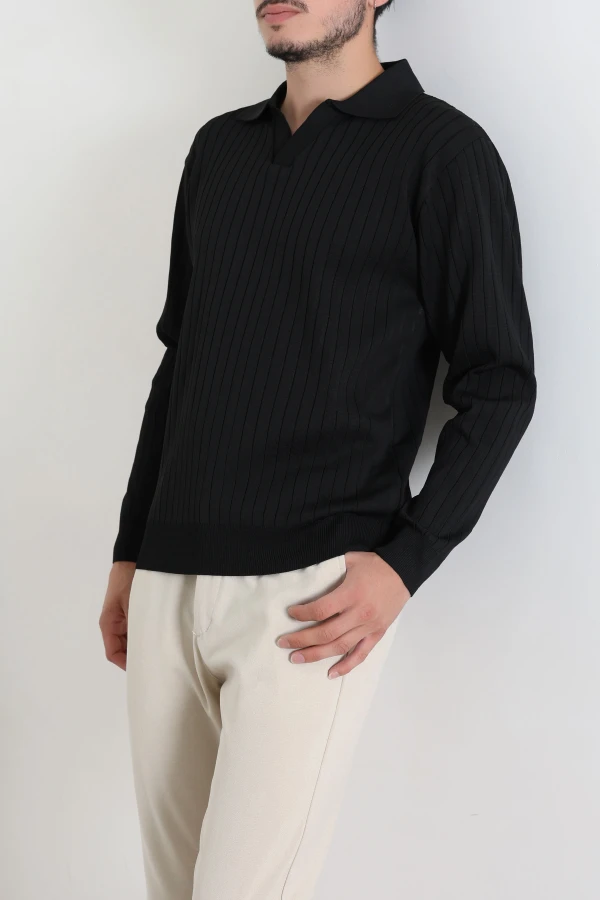 Erkek Siyah Polo Yaka Triko Sweat Uzun Kollu Basic 3