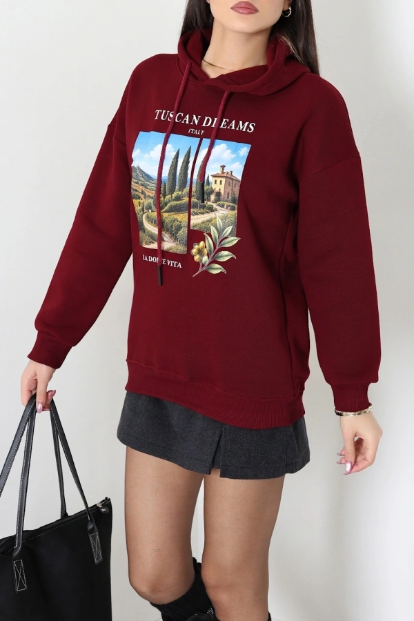 Kadın Bordo Üç İplik Kapüşonlu Baskılı Sweat Tunik 5