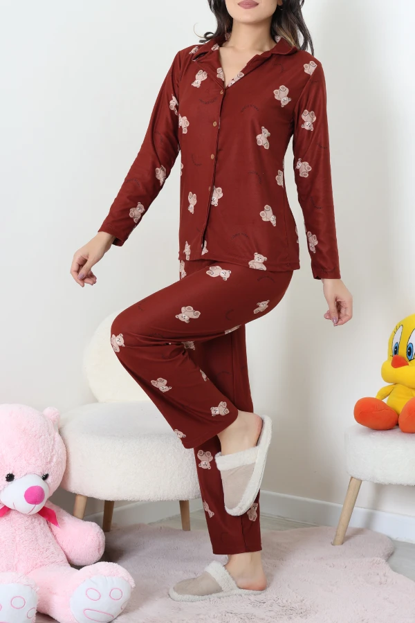 Süet Düğmeli Pijama Takımı Kiremit 3