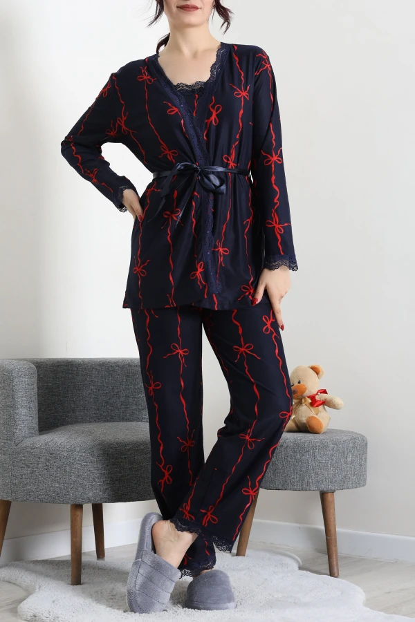 Süet 3'Lü Pijama Set Lacivertkurdele 2
