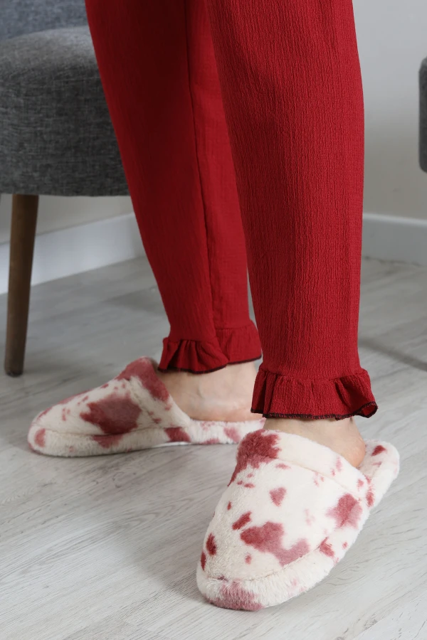 Kadın Bordo Peluş Ev Terliği Sıcak Tutan Kaymaz Taban 5
