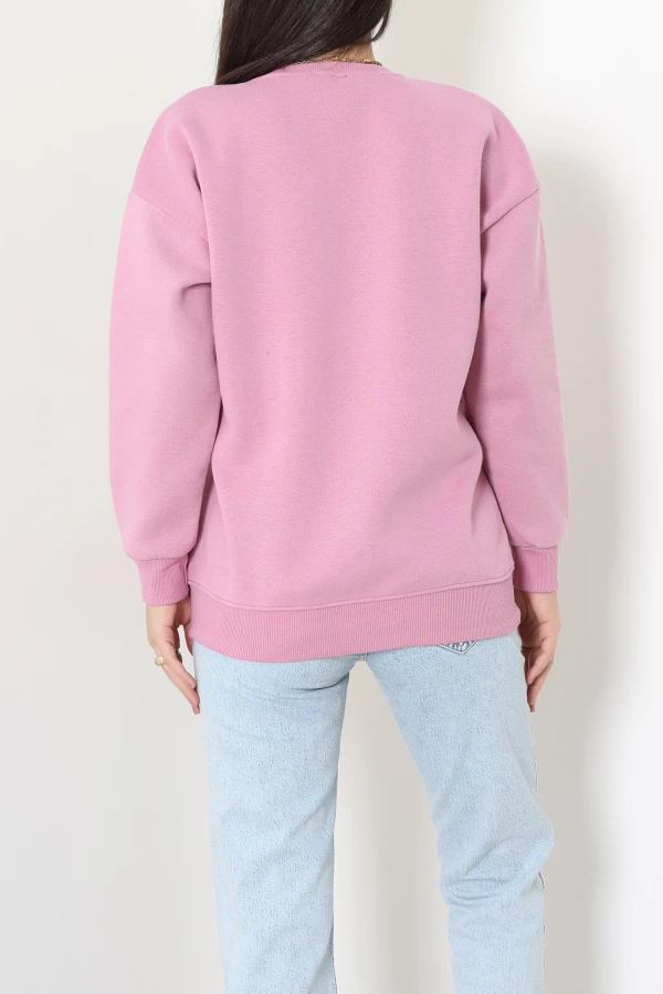 3 İplik Bisiklet Yaka Baskılı Şardonlu Sweat Pembe 8