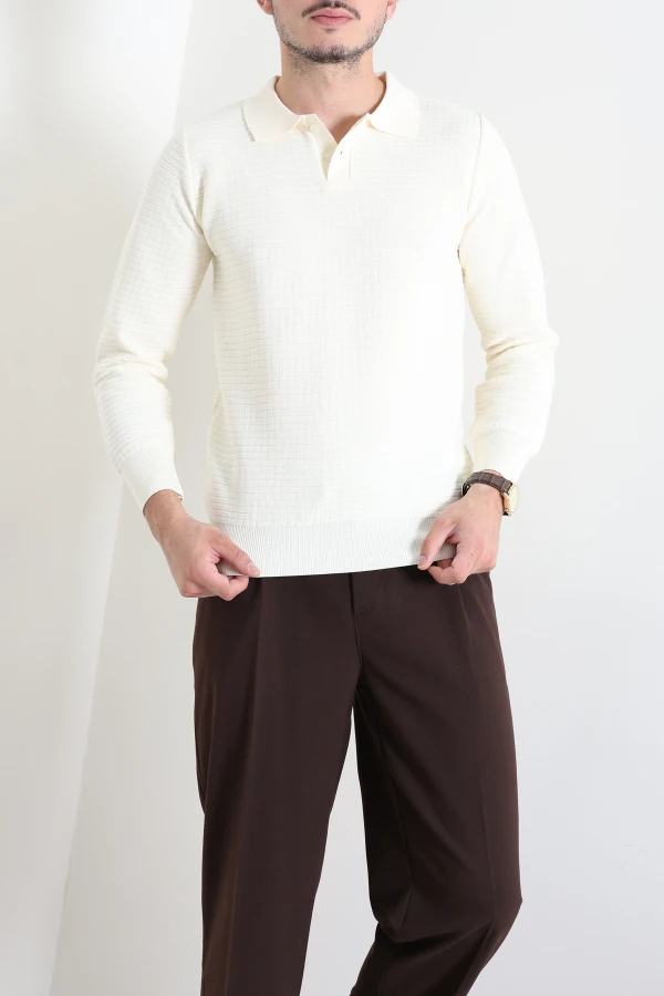 Düğmeli Polo Yaka Erkek Triko Sweat Krem 4