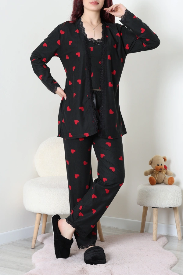 Süet 3'Lü Pijama Set Siyahkırmızı 3