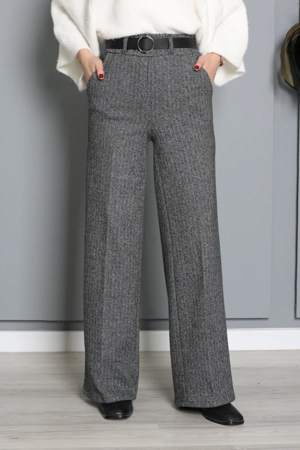 Kadın Füme Kemerli Geniş Paça Jakar Pantolon 4