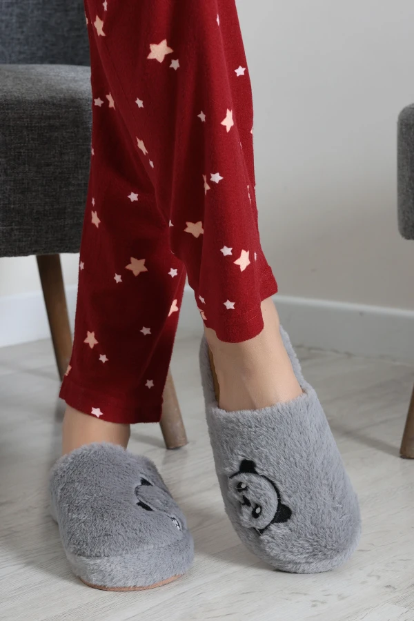 Kadın Gri Ayı Figürlü Peluş Ev Terliği Panduf 6
