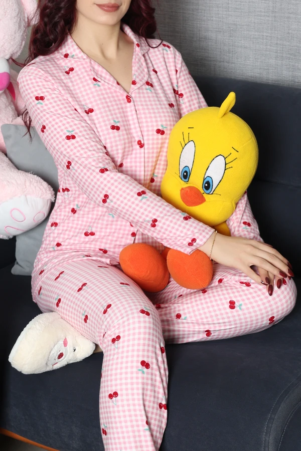 Kadın Pembe Süet Düğmeli Pijama Takımı Kiraz Baskılı 2