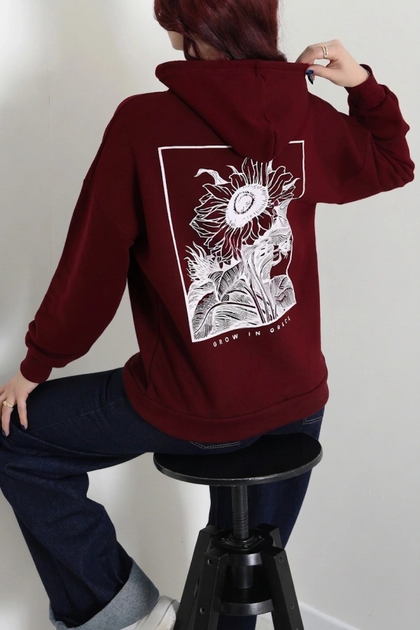 Kadın Bordo Kapüşonlu Baskılı Oversize Sweat Tunik 5