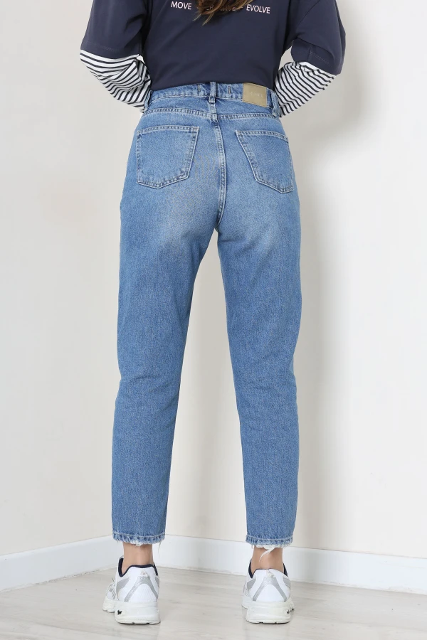 Kadın Mavi Mom Fit Yüksek Bel Pamuklu Kot Pantolon 7