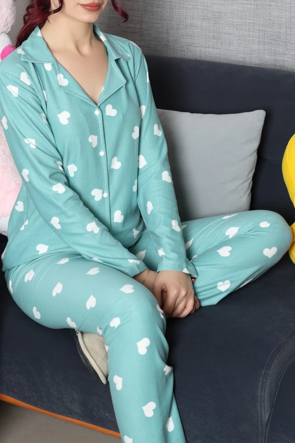 Kadın Mint Yeşili Süet Düğmeli Pijama Takımı