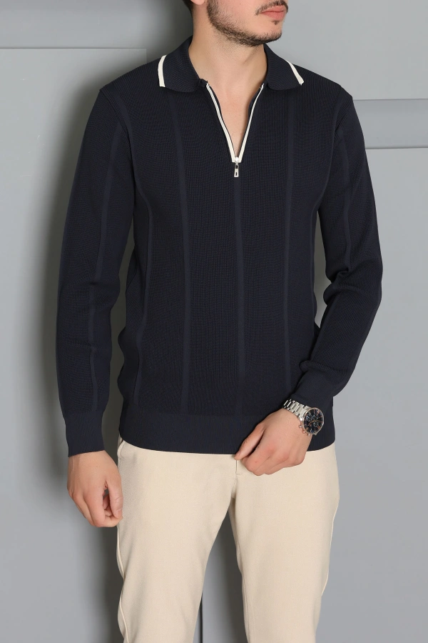 Çizgili Polo Yaka Erkek Triko Sweat Lacivert