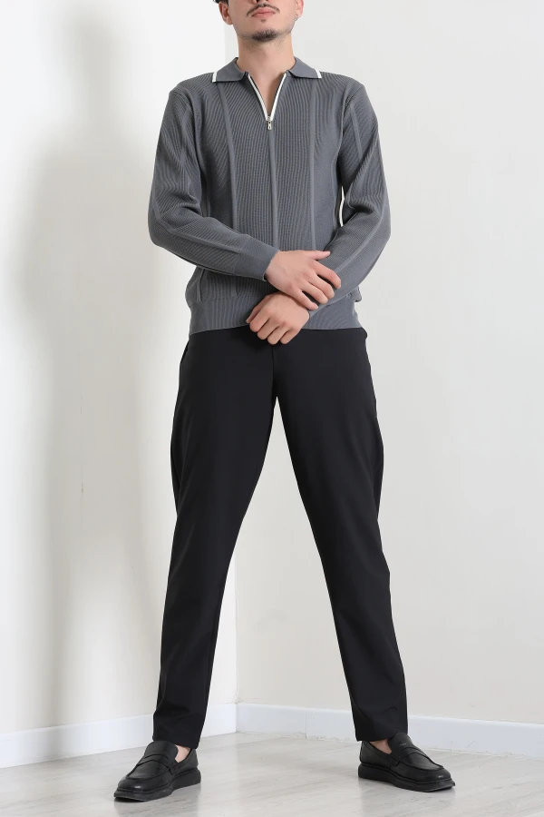 Çizgili Polo Yaka Erkek Triko Sweat Antrasit 2