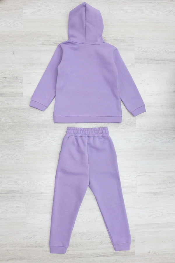 5-12 Yaş Kapşonlu Kanguru Cepli 3 İplik Çocuk Takım Lila 7