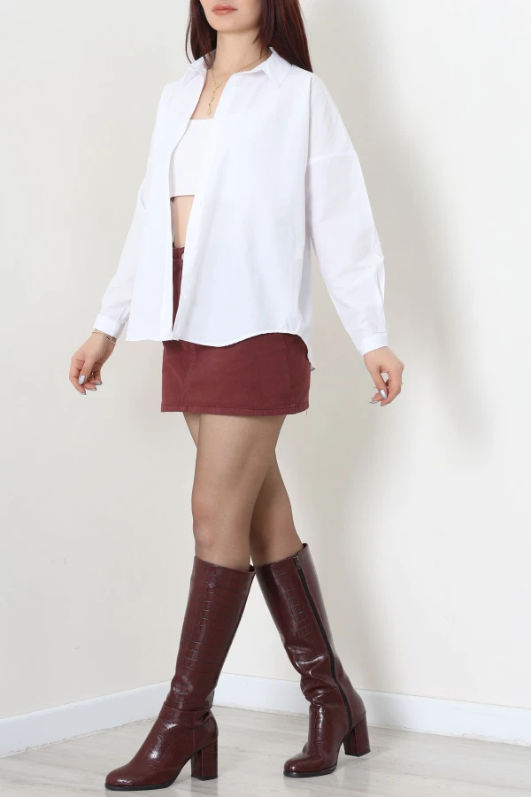 Düşük Omuz Oversize Poplin Gömlek Beyaz 6