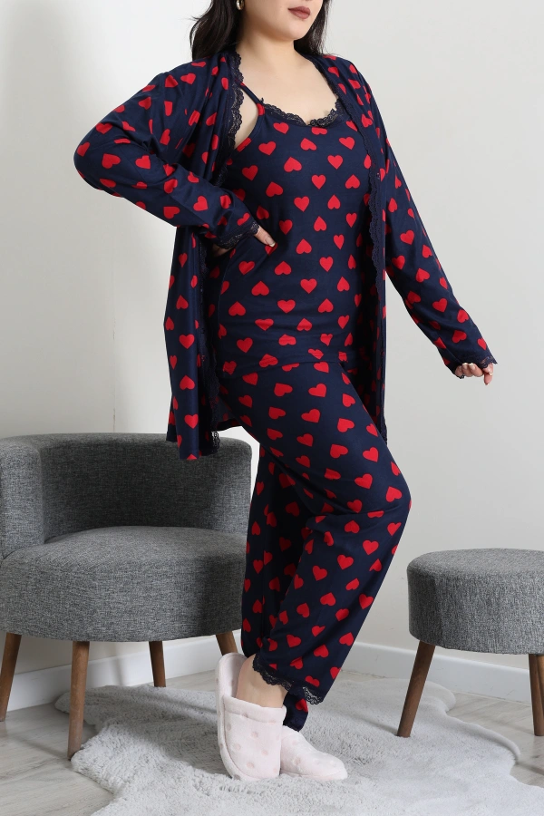 Kadın Laci Süet Büyük Beden 3'Lü Pijama Takımı Seti 4