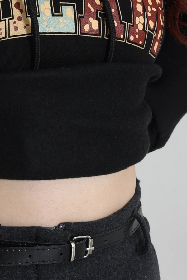 Kadın Siyah Üç İplik Baskılı Kapüşonlu Oversize Sweat 7