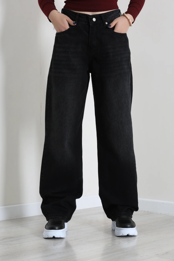 Kadın Koyu Füme Baggy Fit Yüksek Bel Kot Pantolon 4