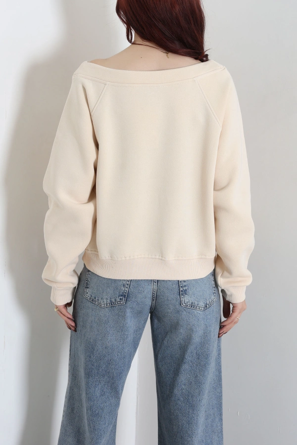 Kadın Bej 3 İplik Şardonlu Kayık Yaka Sweatshirt 8
