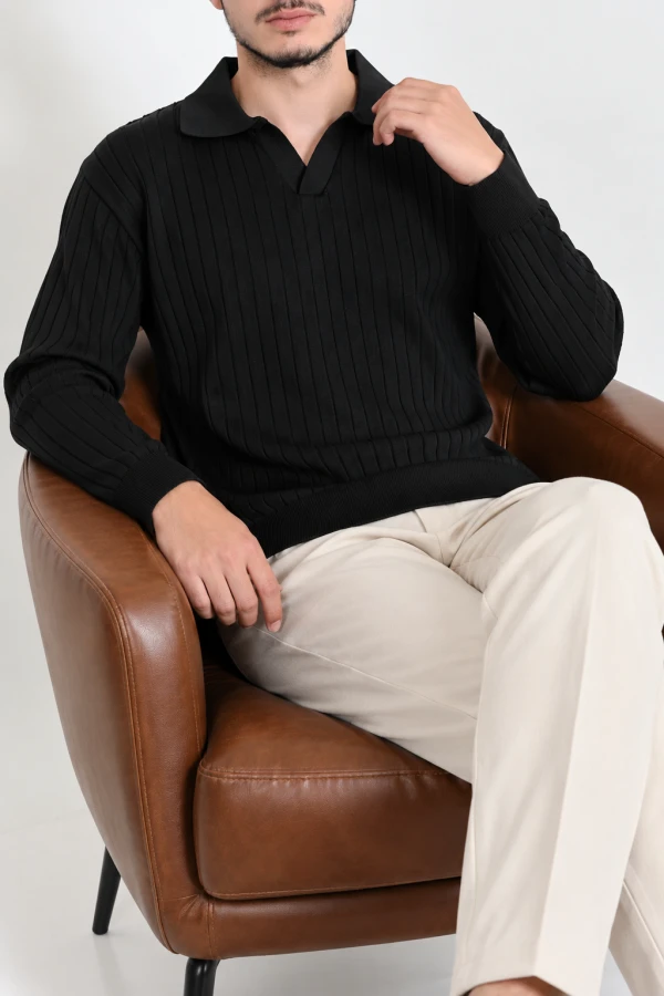 Erkek Siyah Polo Yaka Triko Sweat Uzun Kollu Basic