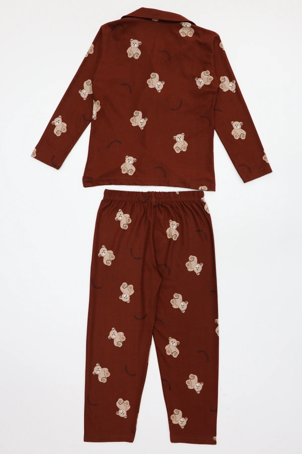 5-12 Yaş Baskılı Süet Düğmeli Çocuk Pijama Takımı Kiremit 7