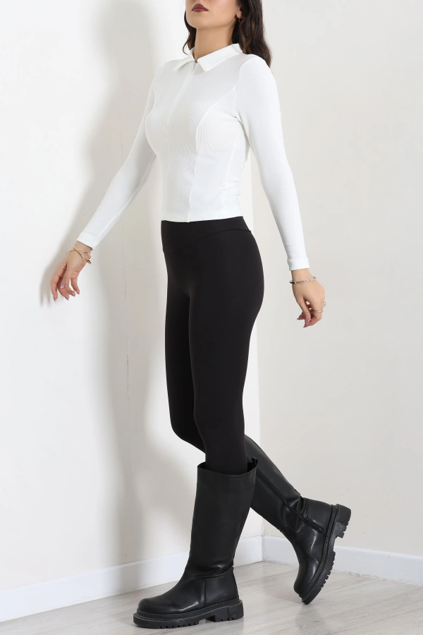 Polo Yaka Fermuarlı Body Ekru 6