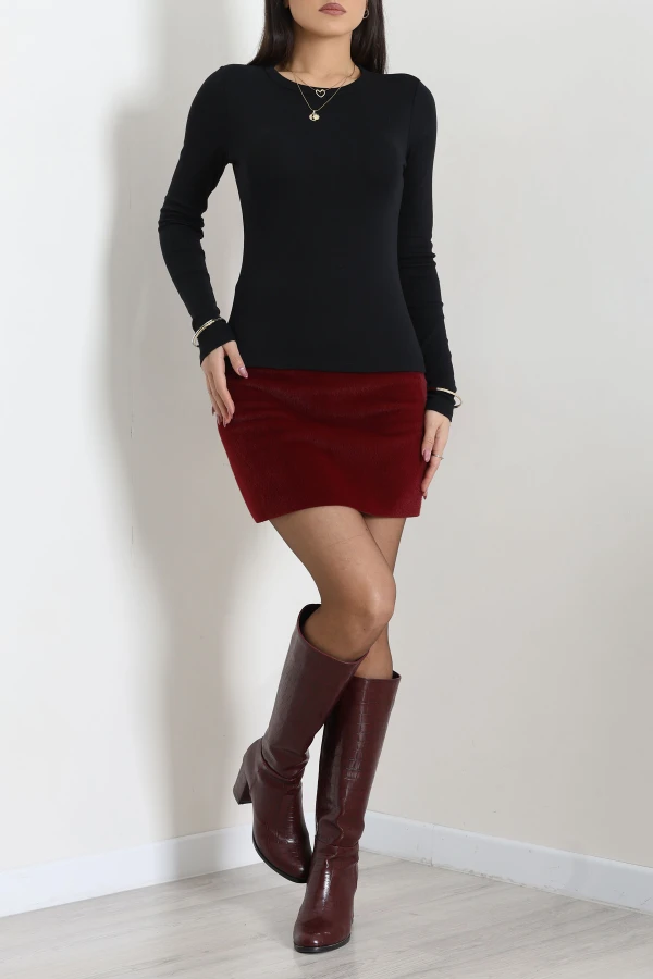 Kadın Siyah Basic Bisiklet Yaka Pamuk Penye Body 2