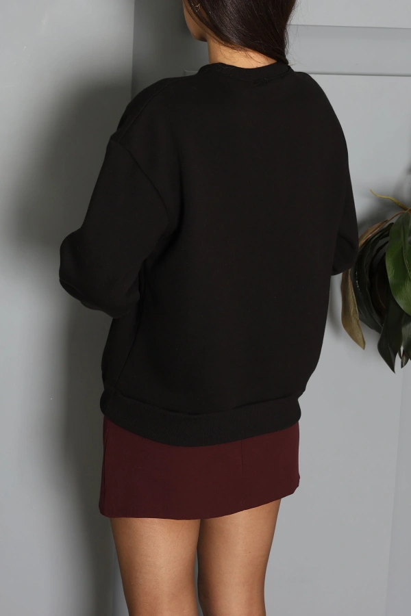 Kadın Siyah 3 İplik Şardonlu Baskılı Oversize Sweat 8