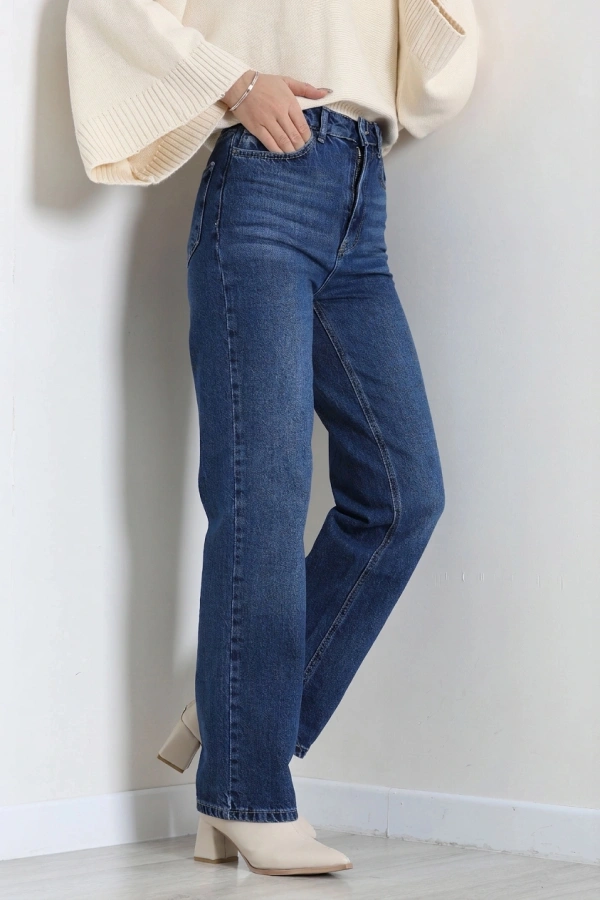 Kadın Koyu Mavi Straight Fit Yüksek Bel Kot Pantolon