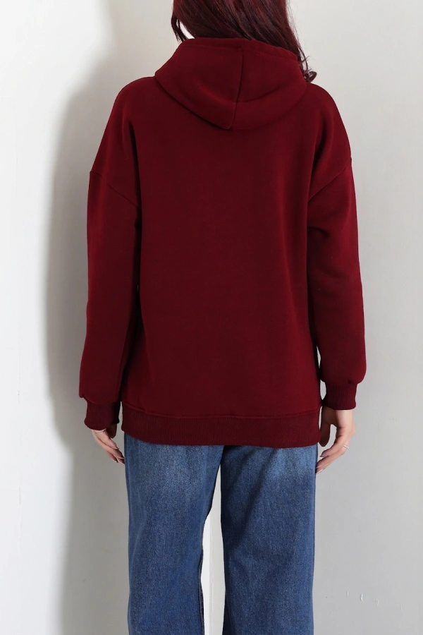 Kapşonlu Baskılı Sweat Bordo 8