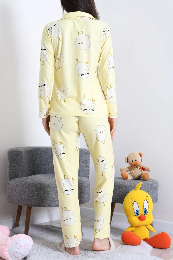 Süet Düğmeli Pijama Takımı Sarı 8