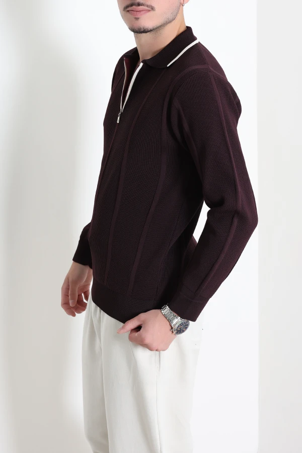 Çizgili Polo Yaka Erkek Triko Sweat Mürdüm 5