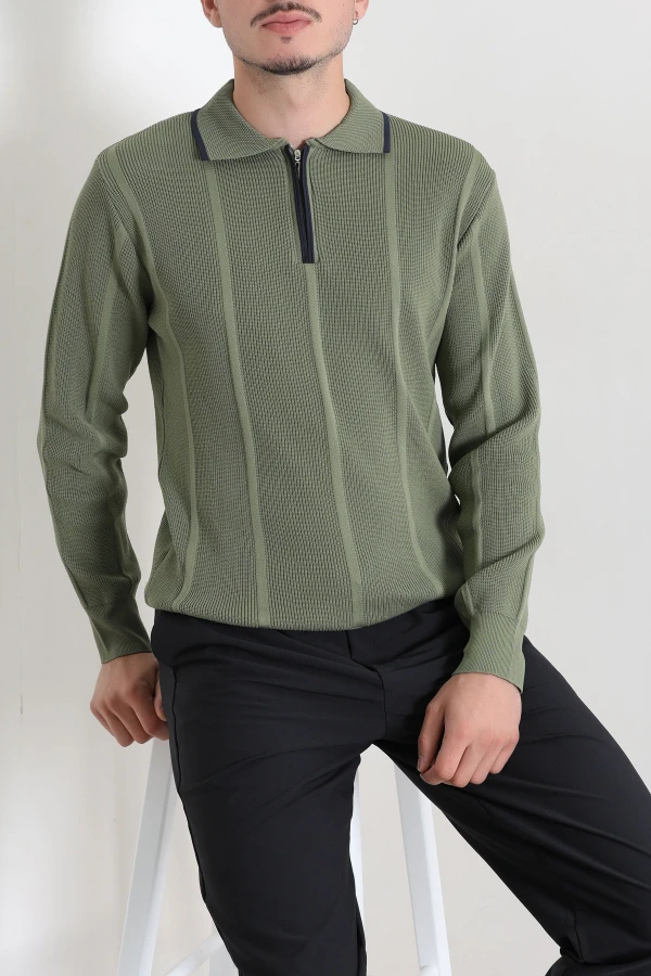 Çizgili Polo Yaka Erkek Triko Sweat Haki 4