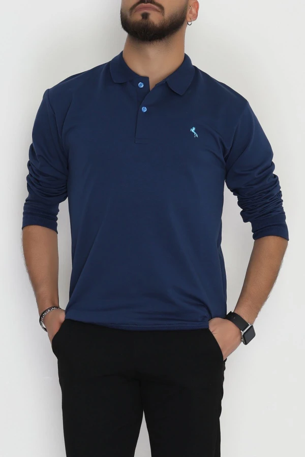 Erkek Lacivert 2 İplik Likralı Polo Yaka Sweatshirt 3