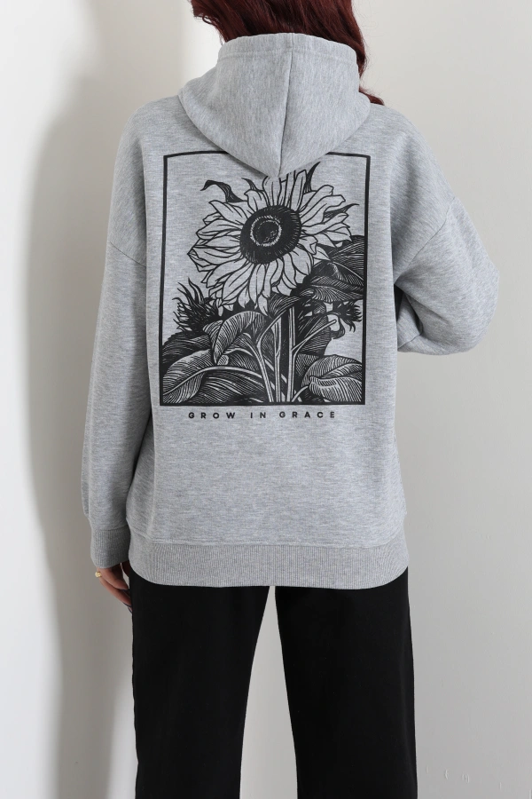 Kadın Gri Kapüşonlu Baskılı Oversize Sweat Tunik 8