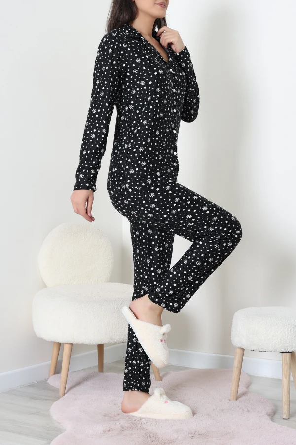 Süet Düğmeli Pijama Takımı Siyahdesenli 5