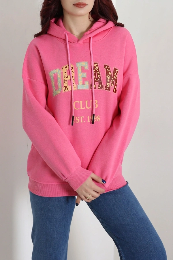 Kadın Pembe Üç İplik Baskılı Kapüşonlu Sweat 5