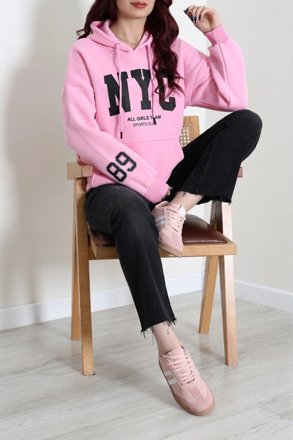 Kadın Pembe Kapüşonlu Baskılı Oversize Sweat Tunik 2