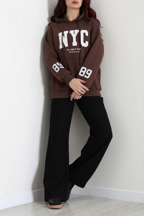 Kadın Kahve Kapüşonlu Baskılı Oversize Sweat Tunik 4