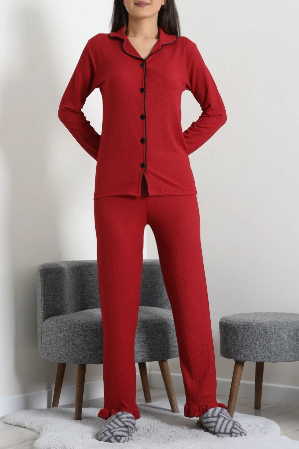 Kadın Bordo Bürümcük Düğmeli Pijama Takımı Rahat Kalıp 3