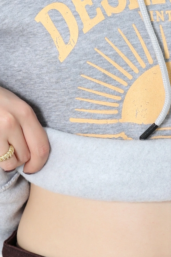 Kadın Gri Üç İplik Kapüşonlu Baskılı Oversize Sweat 7