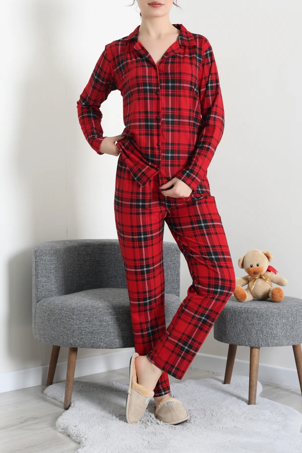 Kadın Kırmızı Ekose Süet Düğmeli Pijama Takımı 5