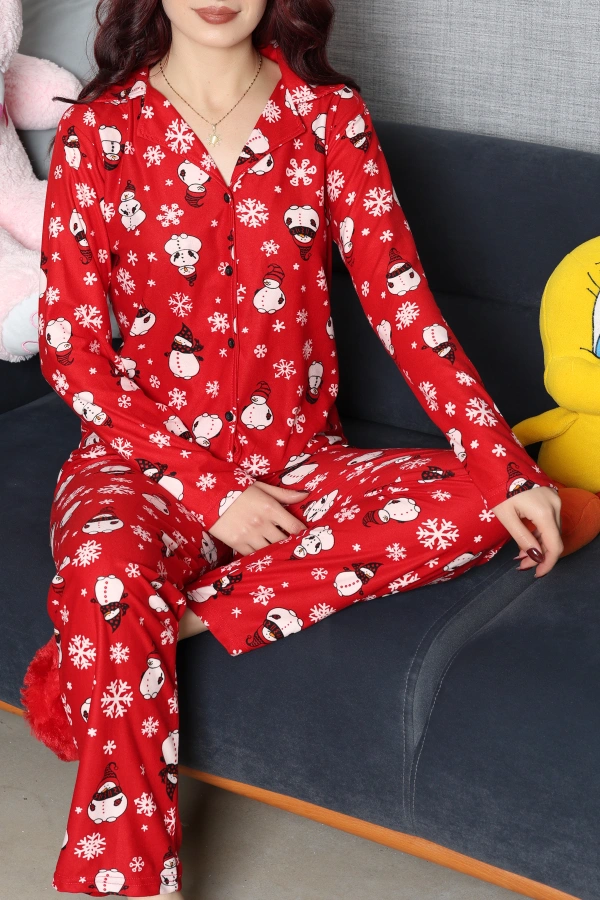 Kadın Kırmızı Beyaz Süet Düğmeli Rahat Pijama Takımı 2