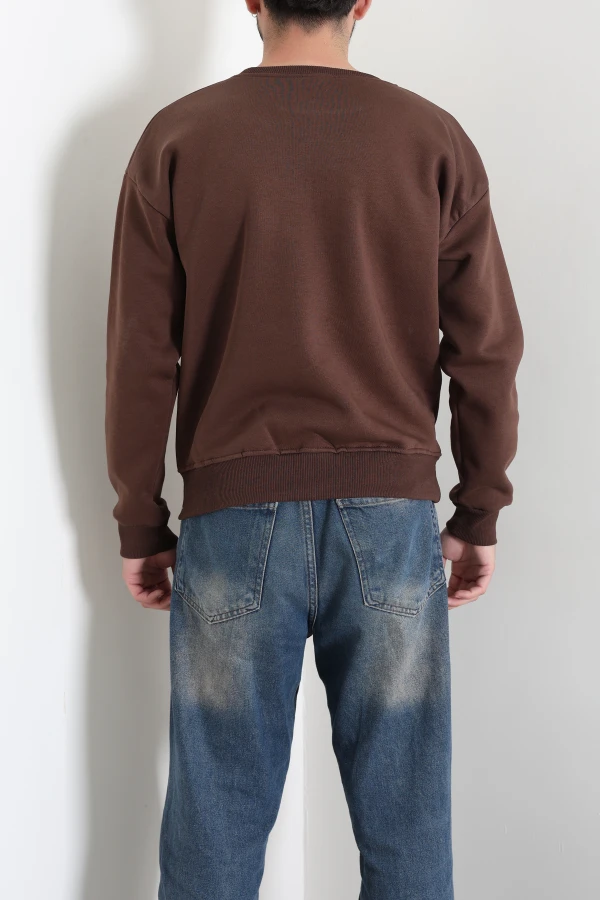 Bisiklet Yaka Baskılı Şardonlu 3 İplik Erkek Sweat Acıkahve 8
