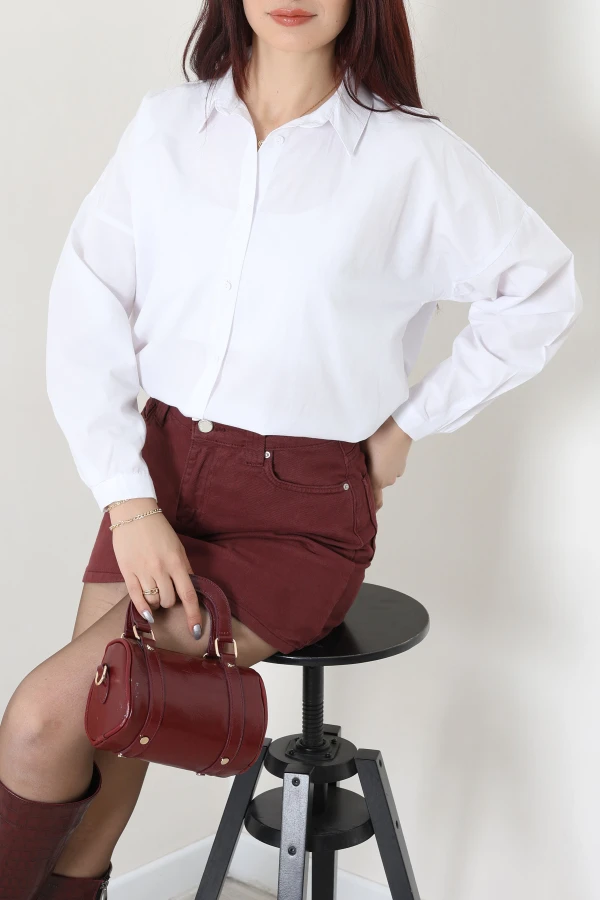 Düşük Omuz Oversize Poplin Gömlek Beyaz