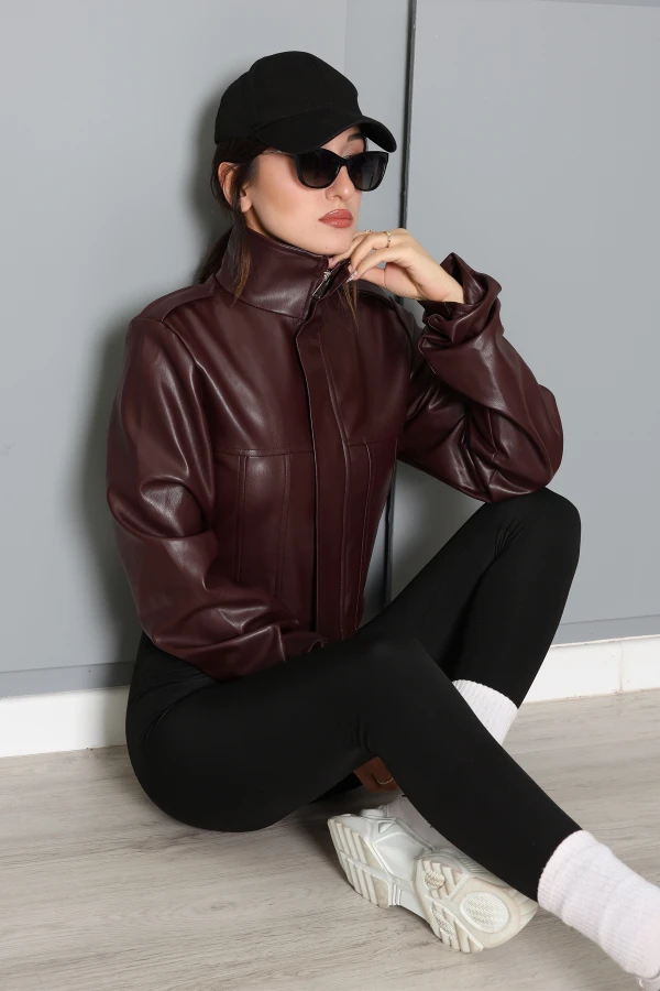 Astarlı Kol Büzgülü Deri Ceket Bordo 5