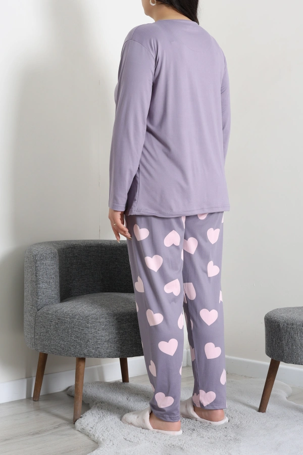 Kadın Mor Büyük Beden Baskılı Pamuklu Pijama Takımı 6