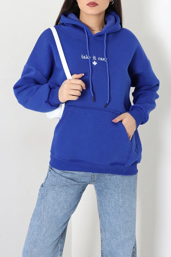 Kadın Saks Üç İplik Kapüşonlu Nakışlı Sweat Tunik