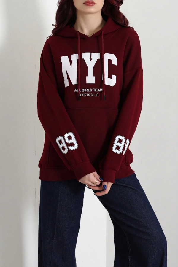 Kadın Bordo Kapüşonlu Baskılı Sweat Tunik 3