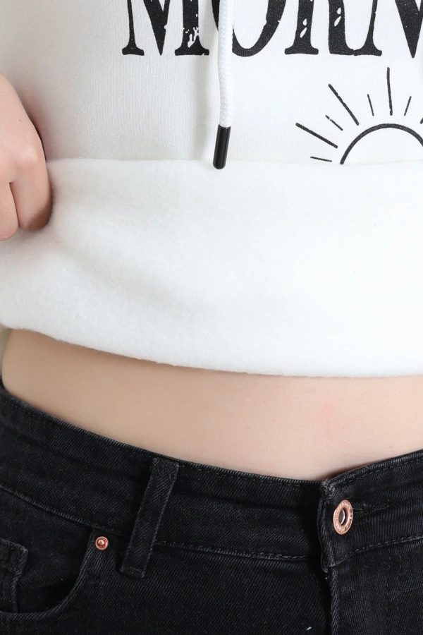 Üç İplik Kapşonlu Baskılı Sweat Ekru 7