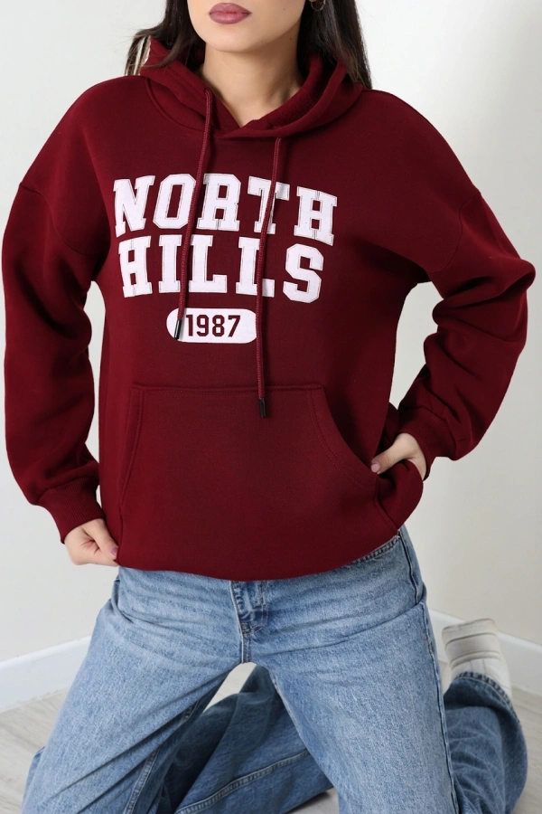 Kadın Bordo Kapüşonlu Baskılı Oversize Sweat Tunik 5
